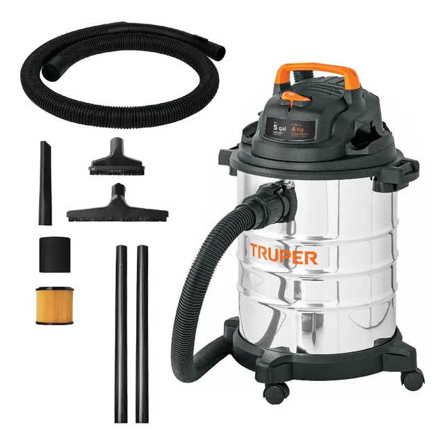 Aspiradora Truper Seco Mojado 5 Gal 4 HP 127 V 60 Hz Acero Inoxidable Ideal para limpieza Industrial Accesorios Incluidos Ideal para limpieza profesional de sólidos y líquidos ASP-5X