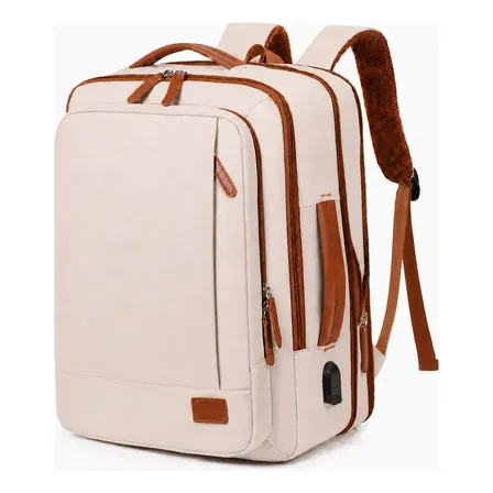 Mochila de Viagem Executiva 40L Notebook 17 Feminina Masculina Impermeável Expansível com Porta USB Bege