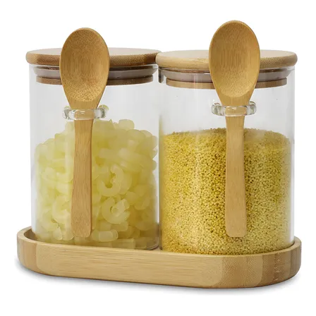 Kit 2 Potes Herméticos De Vidro Borossilicato 550ml Com Tampa E Colher De Bambu Para Organizanizar E Guardar Café Açúcar Sal Temperos Porta Mantimentos Organizadores Cozinha Casa Transparente