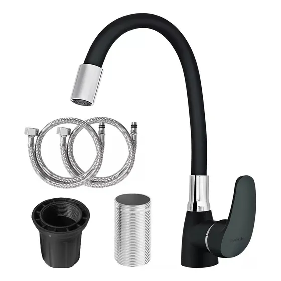 Torneira Gourmet Flexível Monocomando para Cozinha Preto Fosco Giro 360 Misturador Quente e Frio FC 104 Via Flix