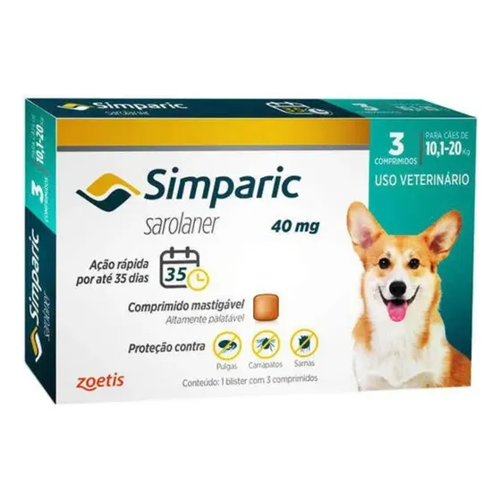 Antipulgas Zoetis Simparic 40mg Cães 10,1 A 20 Kg 3 Compr