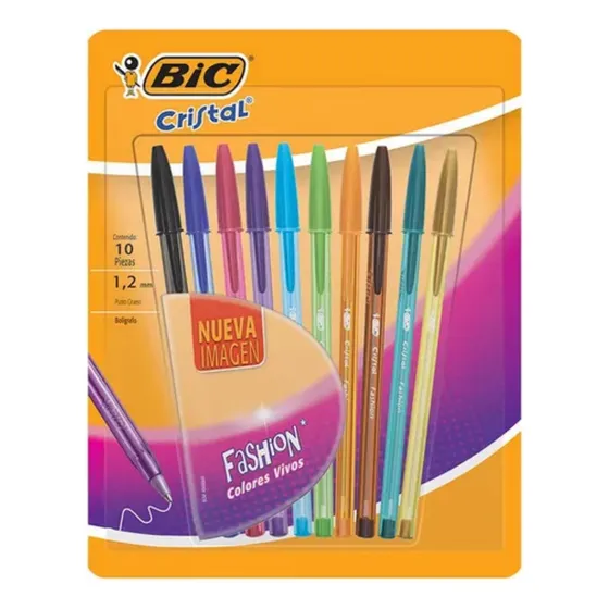 Pluma Lapicero Bic Cristal Fashion Escritura Colorida 1.2 Mm 10 Pzs Mix De Colores