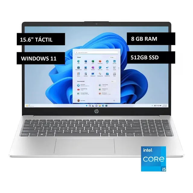 Notebook Hp Intel Core I5 1235u, 8gb, 512gb Ssd, Pantalla 15.6 Touchscreen Táctil, Windows 11 Home, Color Plateado