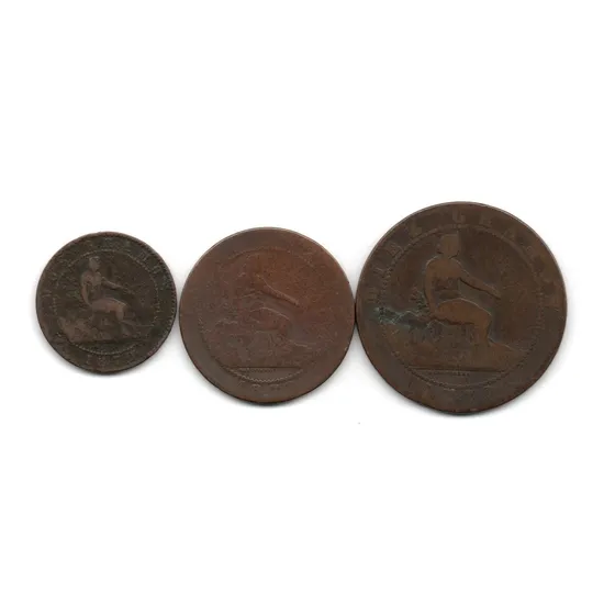 España Lote 3 Monedas Cobre 2, 5 Y 10 Centimos Año 1870