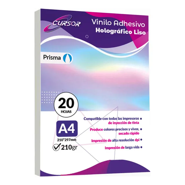Papel Vinilo Adhesivo Tornasol Imprimible Cursor A4 20hojas 