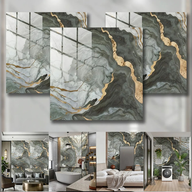 Kit 20 Placas Adesivas Autocolantes Mármore 3d Decoração Verde Jade Com Dourado Brilhante Kit 20 Placas Adesivas Autocolantes Mármore 3d Decoração Verde Jade Com Dourado Brilhante
