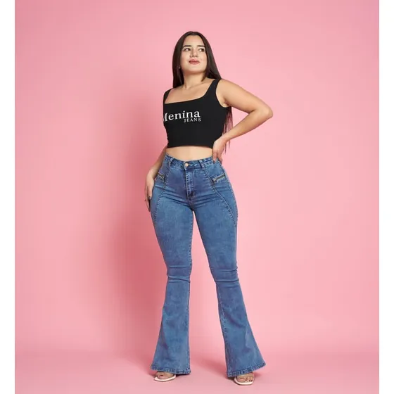 Jeans Flare Push Up Tiro Alto Elásticados Pata Elefante