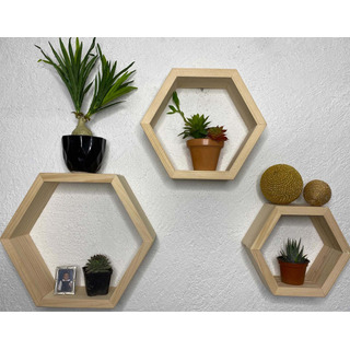 Set De 3 Repisas De Madera Hexagonal Minimalista Flotantes Set De 3 Repisas De Madera Hexagonal Minimalista Flotantes