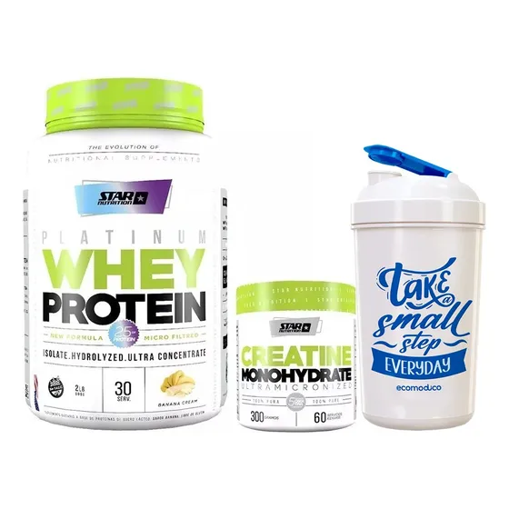 Star Nutrition Combo Whey Protein Pote X2lb Sabor Banana + Creatina Pura Pote X300gr + Vaso Shaker 600ml