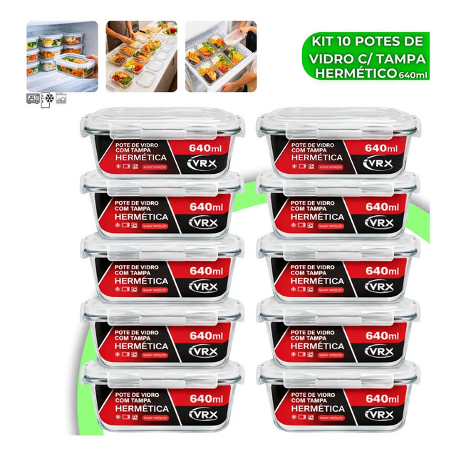 Kit 10 Pote De Vidro Hermético 640ml Marmita 4 Travas Herméticos Forno Micro-ondas Geladei... Kit 10 Pote De Vidro Hermético 640ml Marmita 4 Travas Herméticos Forno Micro-ondas Geladei...