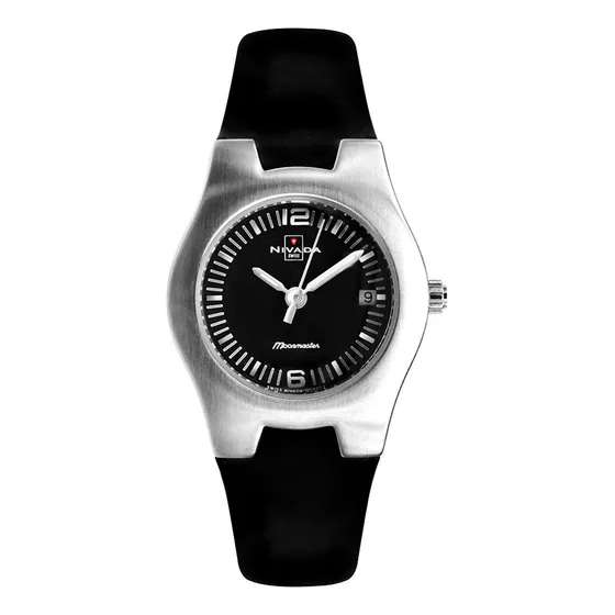 Nivada Moonmaster Mujer Carátula Negra Correa Caucho Negro Bisel Azul petróleo