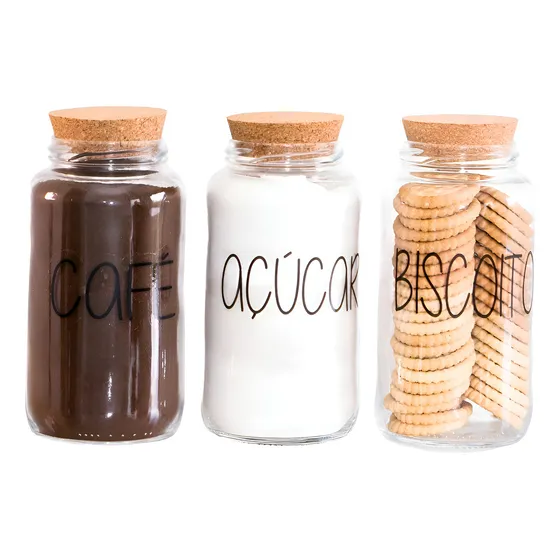 Kit 3 Potes De Vidro 810ml - Tampa De Rolha Cantinho Do Café Cor Café Açúcar Biscoito