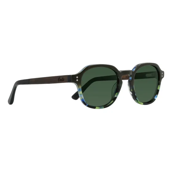 Lentes De Sol De Madera Y Eco Acetato Indie - Cactus Lente Verde Varilla Aqua Armazón Aqua Diseño Hexagonal