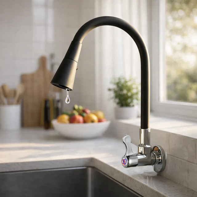 Torneira Cozinha Parede Flexível Metal Gourmet 2 Jatos Nuxli Preto Cromado