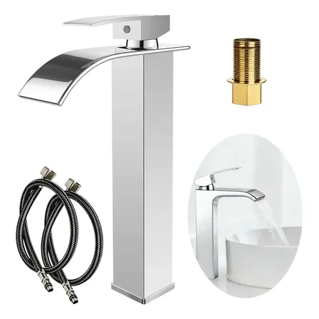 Torneira Cascata Torneira Banheiro Cascata Monocomando Bica Alta Aço Inoxidável Prateada, Misturador Água Quente E Fria, Instalação Em Bancada,design Moderno Para Lavabo E Pia Com Acessórios Completos