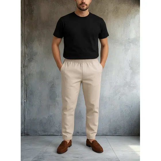 Calça Casual Em Linho Confortável Slim