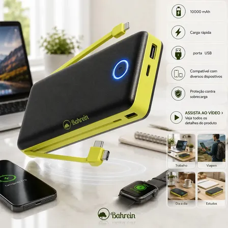 Power Bank 10000mah Carregador Portátil Turbo Rápido Universal Celular - Melhor Carregador Portátil Compatível Com iPhone Notebook Relógios Android Mac Ios Samsung Apple 10000mah - Marca Bahrein