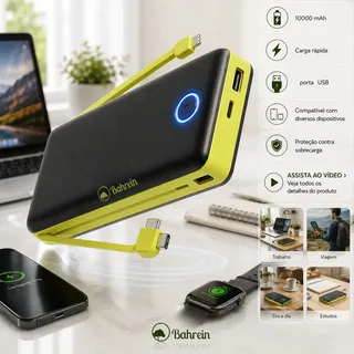Power Bank 10000mah Carregador Portátil Turbo Rápido Universal Celular - Melhor Carregador Portátil Compatível Com iPhone Notebook Relógios Android Mac Ios Samsung Apple 10000mah - Marca Bahrein