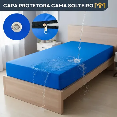Capa Protetora Impermeável Para Colchão Solteiro Antialérgico Antiácaro Macio E Resistente Não Esquenta Cor Azul Liso