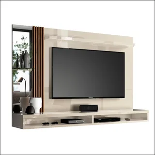 Painel Para Tv Até 55 Polegadas Com Espelho E Lateral Ripada Cor Off White/naturale Painel Para Tv Até 55 Polegadas Com Espelho E Lateral Ripada Cor Off White/naturale