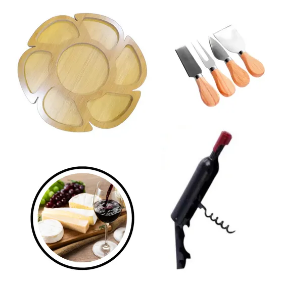 Kit Vinho + 4 Facas P/ Queijo + Petisqueira Madeira Tabua