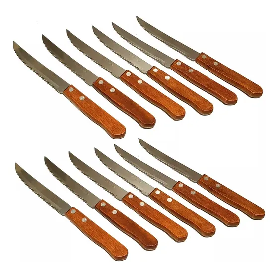 Juego De 12 Cuchillos Sierra Mango Madera Acero Inoxidable