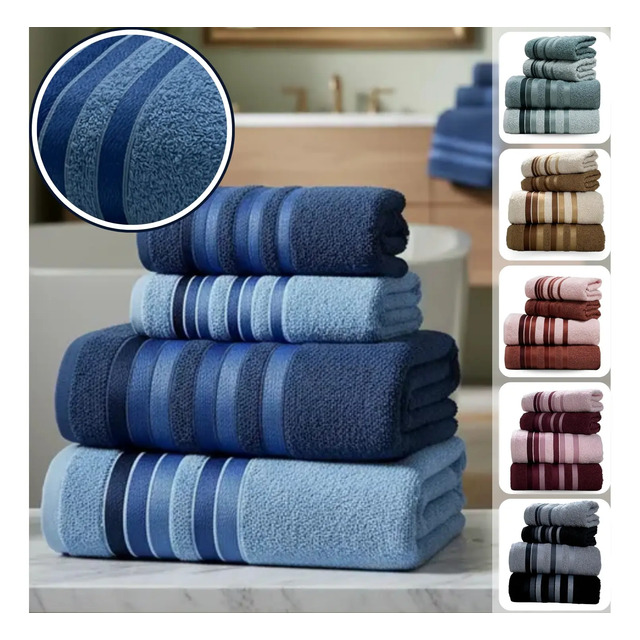 Conjunto de jogo de toalhas de banho e rosto felpudas em 100% algodão, exibindo uma pilha de toalhas azuis em destaque e uma barra lateral com diversas opções de cores disponíveis.