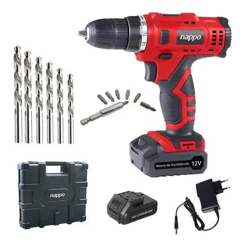 Taladro Inalámbrico Nappo Batería 12v Maletín Accesorios Color Rojo