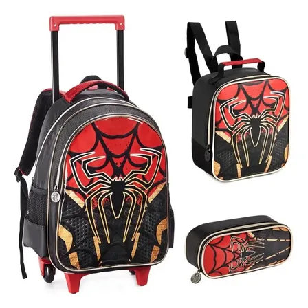 Kit Mochila Spider Aranha Menino Infantil Escolar Rodinha Vermelho E Preto