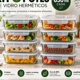 Kit 8 Potes Hermético Vidro Marmita Freezer Microondas 650ml Transparente