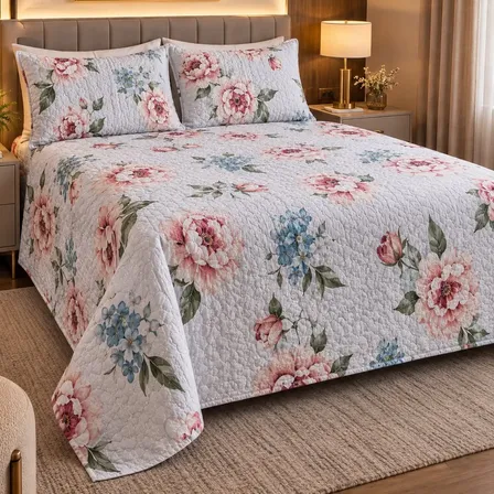 Cobre Leito Casal 3 Peças Dupla Face 2,20x2,40 C/ Fronhas Kit Colcha Cama Casal Box Rosa/branco Estampado