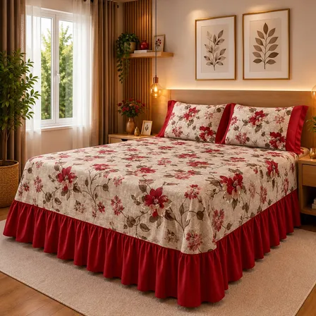 Cobre Leito Colcha Casal Oxford Floral Estampada Com Babado