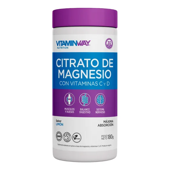 Citrato de Magnesio Vitamin Way Suplementos Dietarios Polvo Bebible con vitamina C y D sabor limón 180g
