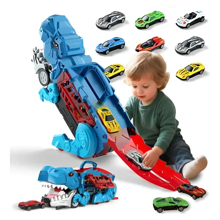 Caminhão Transporte Dinossauro Transformável Com 12 Carros Azul