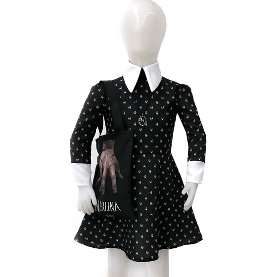 Vestido Disfraz Merlina Adams Con Collar Y Bolso Dedos