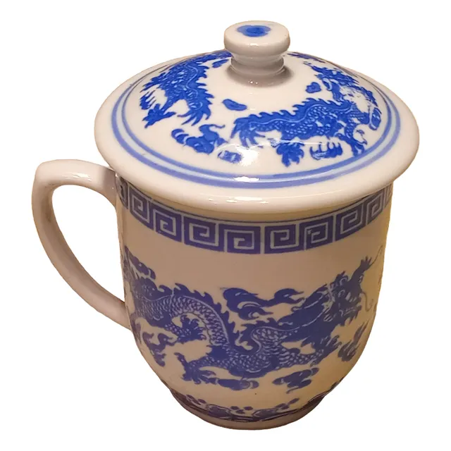 Taza De Porcelana Antigua Dragon Chino Con Tapa Sellada