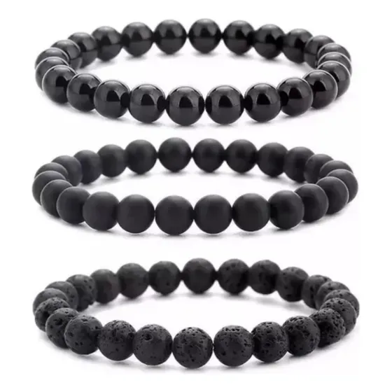 3 Pulseiras Bolinha Onix Murano Vulcânica - Proteção