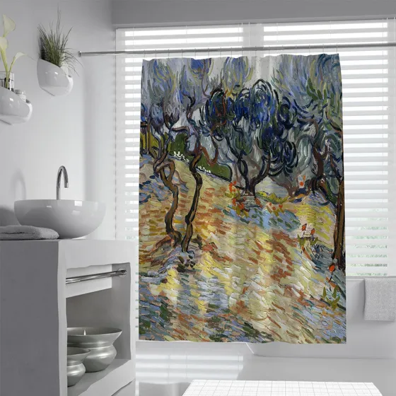 Cortina Ducha Tela Arbol Gris Azul Extra Larga Lavable Van X