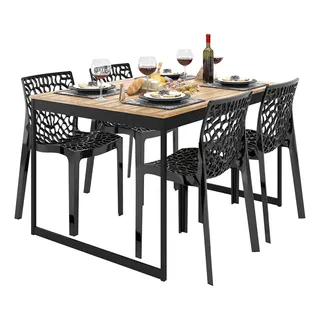 Set Vintage Mesa De Jantar 120x90cm Lâmina Com Estrutura Cor Natural/preto Estilo Industrial Com 4 Cadeiras Gruvyer Pretas Sofa Sogude