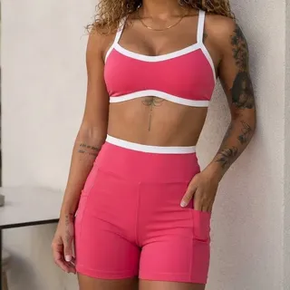Conjunto Fitness Feminino Top Duplo Shorts Bolso Cós Alto Uv Coral Paradise Liso