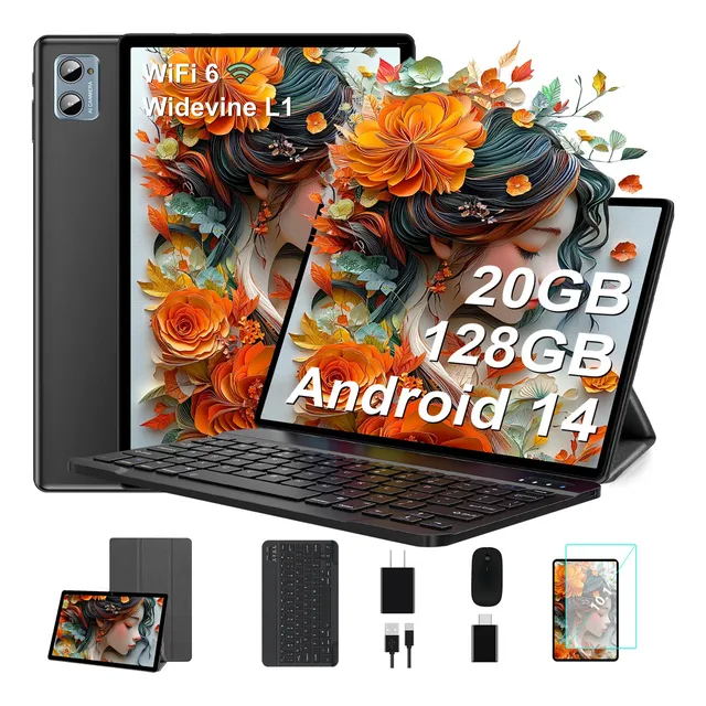 2025 SUAAT Tableta S3 Android 14 10,1 Pulgadas Tablet 20Gb Ram 128Gb Rom HD IPS Pantalla Octa-Core WIFI 2.4G+5G Bluetooth 5.0 con mouse teclado funda color negro