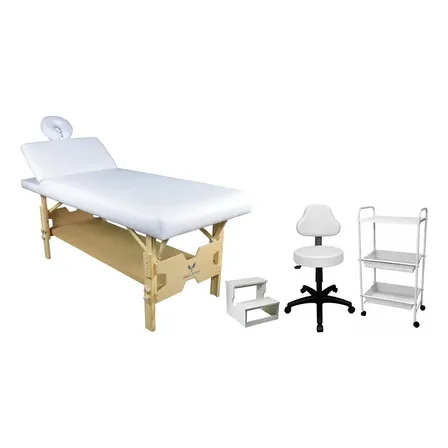 Kit Maca Mesa Fixa 3 posições Reclinável Luxo Bali Spa Ampla Largura Extra 82 Regulável com Escada Mocho Encosto Carrinho Massagem Estética Cor Branco