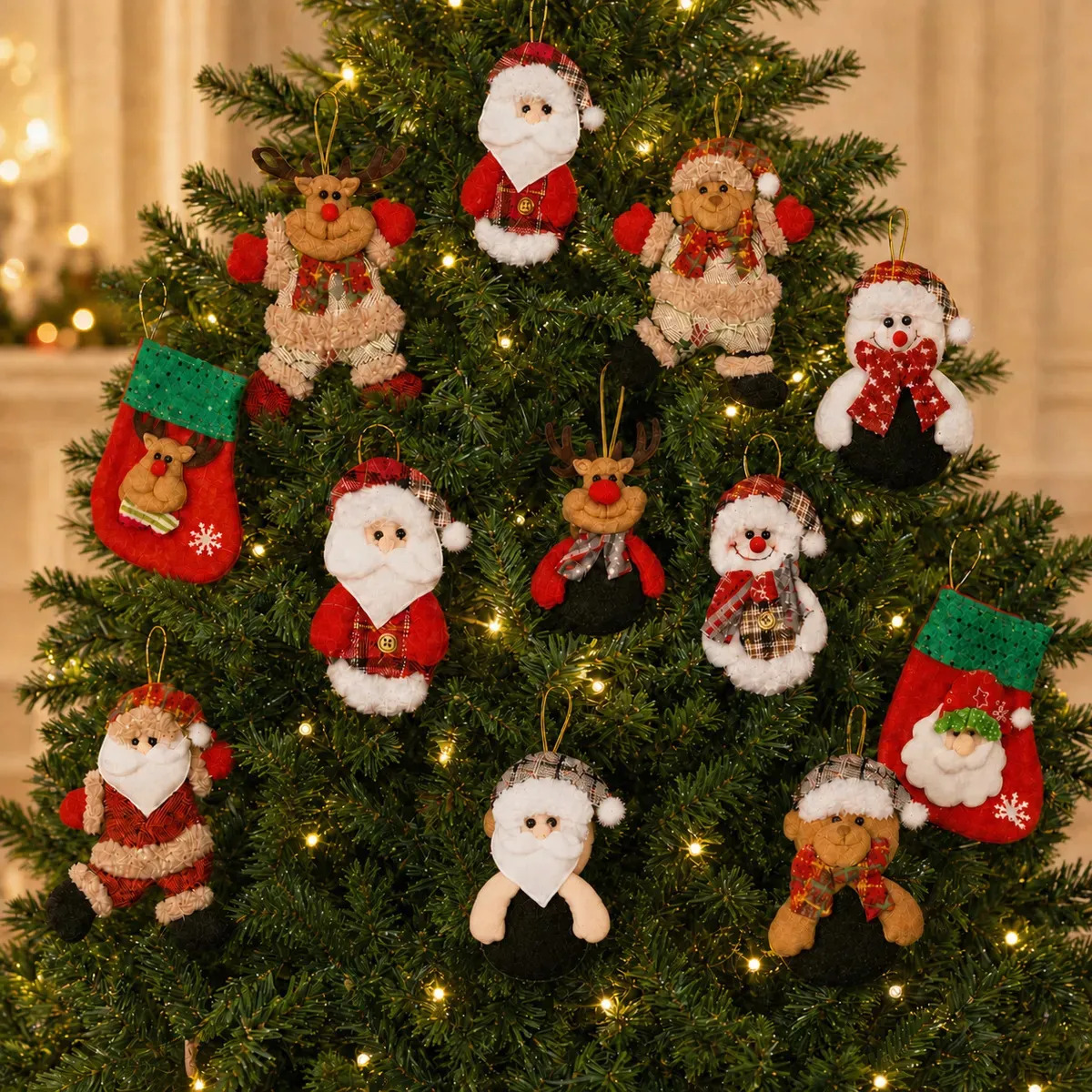 Kit 12 Bonecos Natalinos Enfeites Pendentes Papai Noel Urso Meia Decoração Árvore De Natal