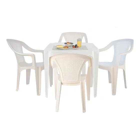 Jogo Com 1 Mesa E 4 Poltronas Com Braço Plastico Branca Sala