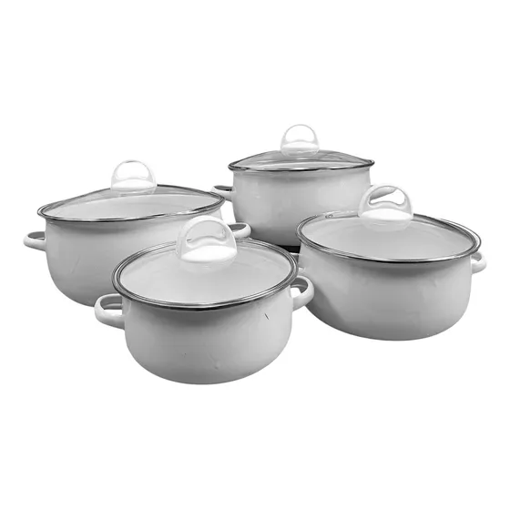Set De Cuatro Cacerolas Enlozadas Vintage Con Asas Tapa Blanco