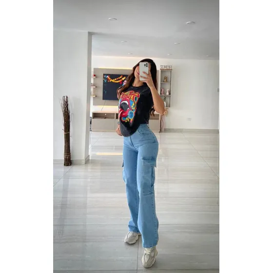 Pantalón Cargo Jeans Main Denim Mujer Azul Semi Stretch