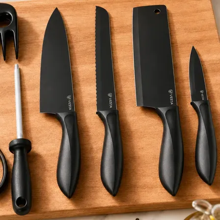 Jogo Facas Cozinha Chef Aço Inoxidável Kit 8 Peças Tesoura Preto