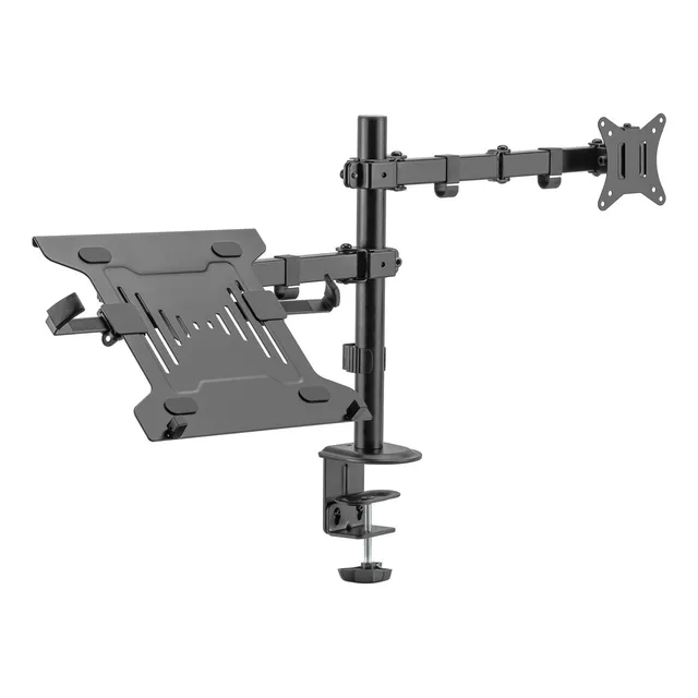 SOPORTE DUAL BRAZO METÁLICO ERGONÓMICO PARA MONITOR NOTEBOOK COLOR NEGRO