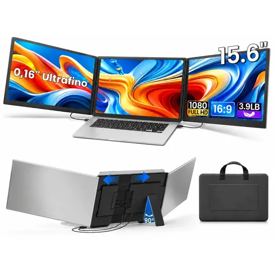 Monitor Portátil Tela Dupla 15,6" Full HD 1080P IPS Ultrafino e Leve para Notebook 13" a 17,3", Extensor de Tela USB-C HDMI com Expansão para 3 Telas, Plug & Play