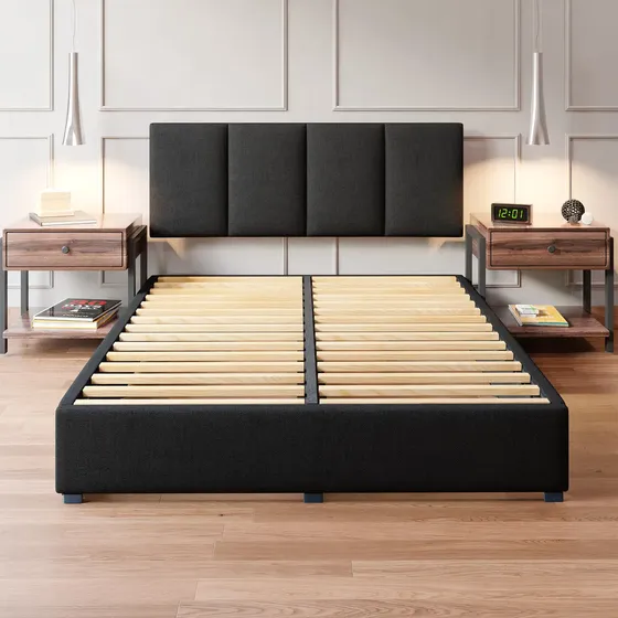 Cama Recamara Base Box Cabecera Napoles Para Colchon King Size Madera Tapiz Lino Negro